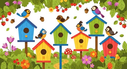 Colorful Birdhouses and Birds in a Spring Garden Scene