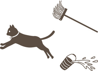 ネコが走り、バケツをひっくり返しているイラスト