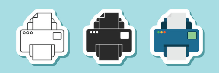 Printer sticker icon set collection in flat style. Office machine vector illustration on isolated background. Printout sign business concept.