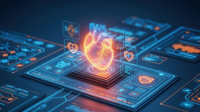 Glowing Heart Animation with Digital Interface Elements and Data Visualization in 3D Space