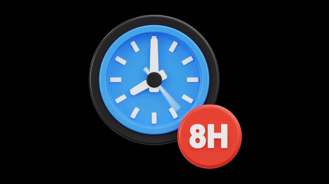 3D Working Hours Clock Animation with 8H Badge, Alpha Channel