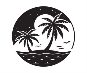 Obraz premium Tropical Island Getaway with Palm Trees Moon and Stars in Black and White Circular Graphic Design Template
