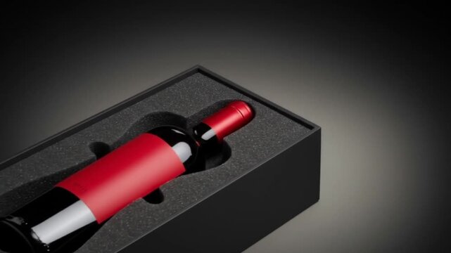 A black wine bottle with a red label in a black box on a dark gray background lit up