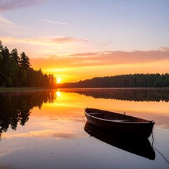 Sunrise Lake Rowboat Peaceful Reflection Scene