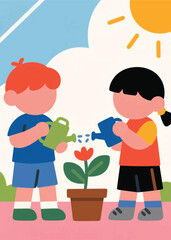 children's characters watering plants Illustrator Artwork design template poster