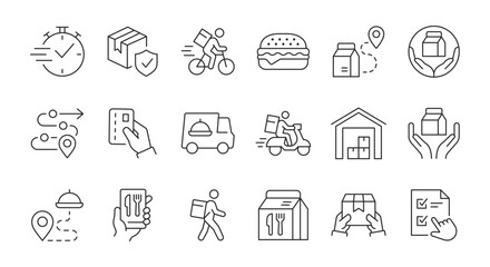 Obraz na płótnie Canvas Set of simple icons related to food delivery and packaging. Editable Stroke.