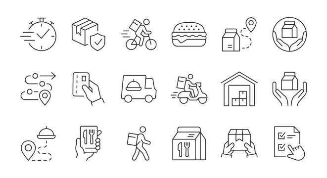 Set of simple icons related to food delivery and packaging. Editable Stroke.