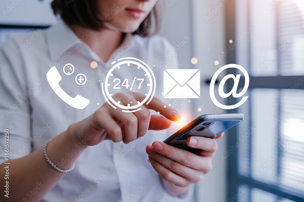 Poster a person interacts with customer support icons on a smartphone with low feedback, representing digit