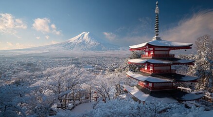 Snowy Japanese landscape with a pagoda and Mt. Fuji.  Panoramic view of a winter scene