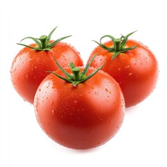 Three ripe, red tomatoes, wet with water droplets, arranged in a cluster against a white background