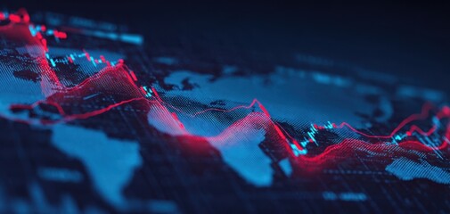 The dynamic global market data visualization with red and blue lines.