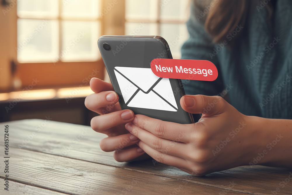 Poster a person receives a new message notification on their smartphone with low feedback, indicating commu