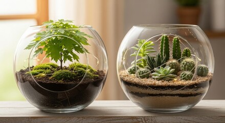 Two glass terrariums with plants and soil sitting on a wooden surface in front of a window