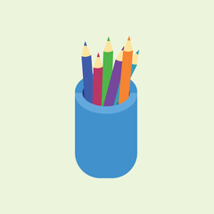 Illustration of a blue pencil case filled with colorful pencils in flat design style, symbolizing creativity, art, education, and stationery.