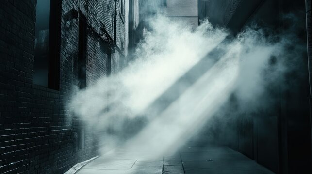 Mystical urban alleyway with ethereal fog and sunlight creating a dreamy atmosphere