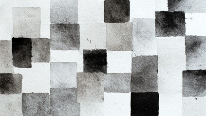 Abstract monochrome watercolor squares.  A grid pattern of varying shades of gray and black watercolor squares on a white background.  The squares are roughly the same size 