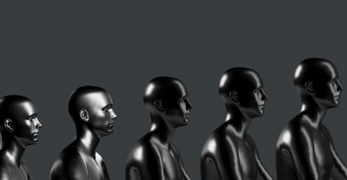 Black metallic human head sculptures arranged in a row, illustrating the evolution of a person