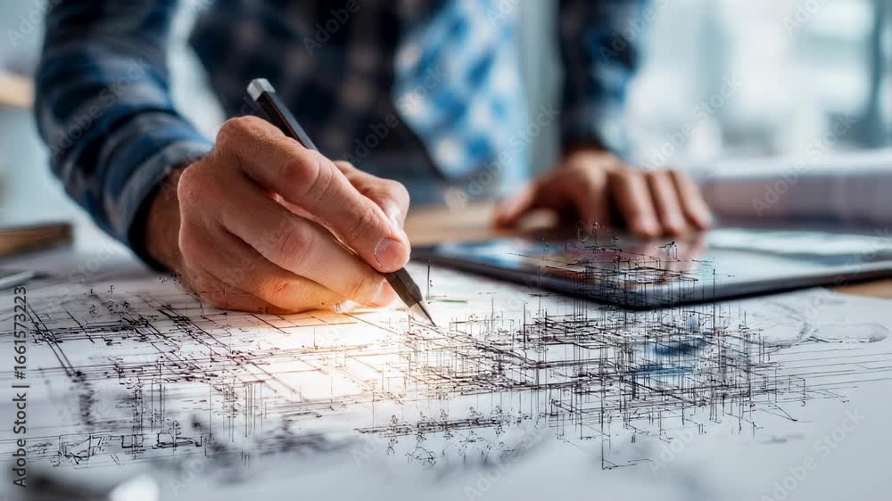 Poster Closeup of architects hands adjusting architectural drawings and working simultaneously with digital renderings to perfect innovative building layouts.