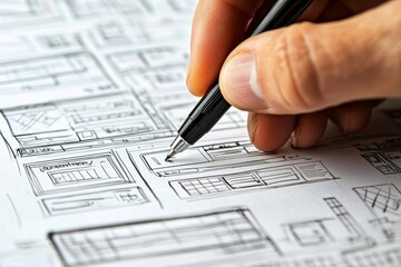 photo of a hand drawing a website concept on paper with a black pen. The focus is on the design process, with the hand creating a simple yet effective visual structure, Generative AI