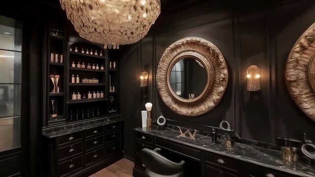 A luxurious beauty salon with cozy lighting and stylish mirrors is suitable for advertising premium cosmetic services, presenting luxury brands, beauty blogs, and reviews of elite establishments' inte