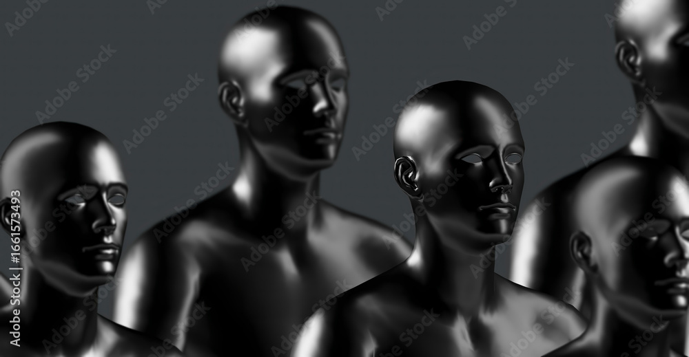 Poster a captivating studio shot of several mannequin heads with a dark and polished appearance. the sleek 