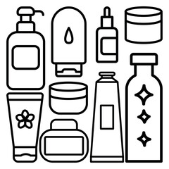 Flat vector set of cosmetic containers and skincare bottles. Line style icons of cream jars, tubes, pump dispensers, serum, shampoo, and lotion packaging.