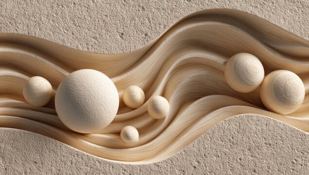 Abstract beige textured surface with flowing lines and spheres