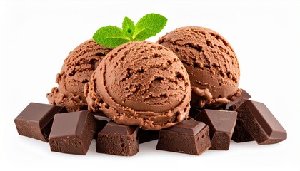 Three scoops of chocolate ice cream on chocolate chunks, fresh mint sprig garnish, rich creamy dessert presentation.
