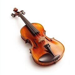Wooden violin, angled view, light brown finish, isolated on white