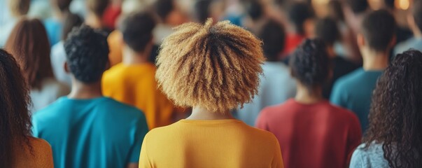 diverse group of individuals from behind, in a crowded setting, highlighting the theme of inclusivity and unity in a modern society, Generative AI