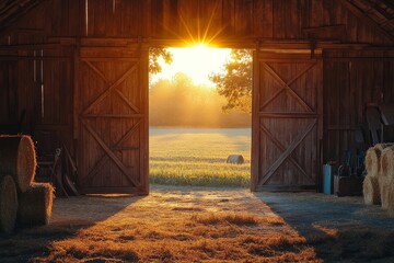 The inside of a barn with the door open revealing gold, Generative AI