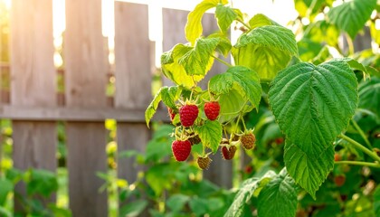 Sun-Kissed Raspberries: A Delightful Harvest in the Summer Garden Near Fence