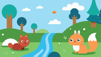 Cute woodland creatures squirrels forest scene vector illustration scalable eps nature animals