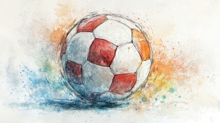 Dynamic watercolor painting of a soccer ball with vibrant color splashes