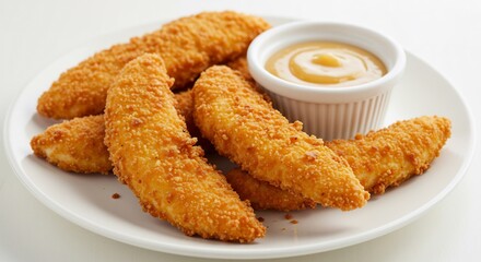 D�licieuses tenders croustillants dor�s sauce miel �clairage vif app�tissant. AI Generated