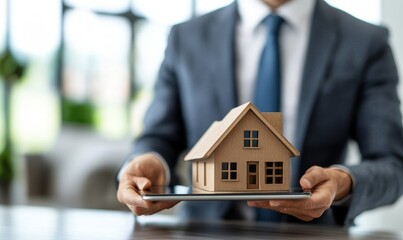 happy real estate agent using a digital tablet during consultations with clients in an office setting. The image conveys professionalism and trust in the real estate industry, Generative AI