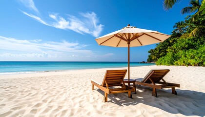 Fototapeta premium Empty beach chairs under umbrella vacation