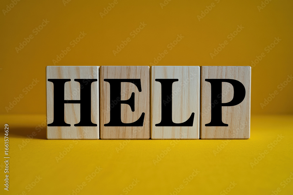 Poster bold 'help' message with low feedback: wooden blocks on a yellow backdrop conveying urgency and a ca