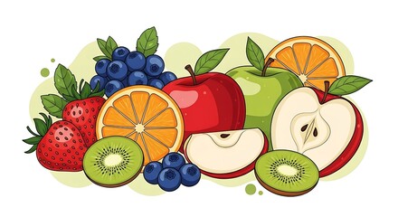 Colorful Cartoon Arrangement of Fresh Fruits Including Apples, Oranges, and Berries