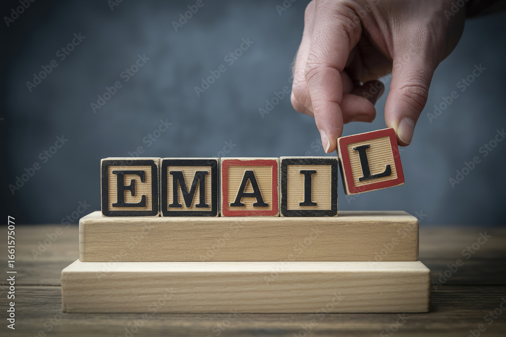 Poster building email communication a hand placing the final block to complete the word email on a wooden s