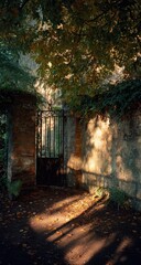 Sunlit garden passageway with old gate