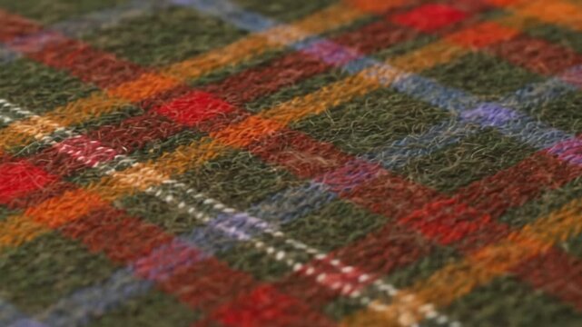 Close up of a colorful wool plaid fabric with green orange red and blue stripes