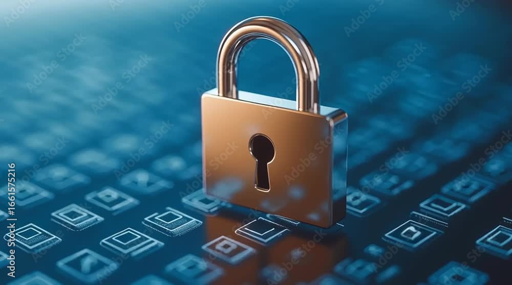 Poster a detailed close up of a metal padlock resting on a sleek computer keyboard symbolizing robust digit