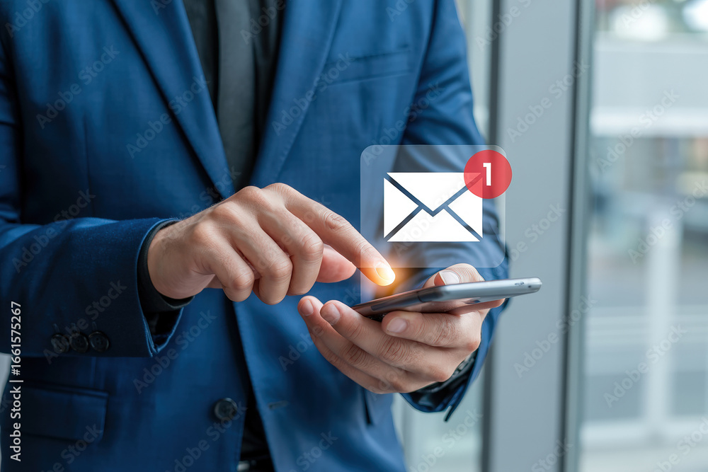 Poster businessman using smartphone with email icon and low feedback alert for mobile communication and dig