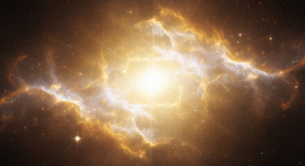 Obraz premium Nebula Radiating with Golden and White Divine Light Resembling Aura of Enlightenment Spiritual Awakening Mystical Transcendence JPG