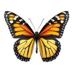 Naklejka premium Monarch butterfly, vibrant orange and yellow wings, detailed black markings, isolated on white
