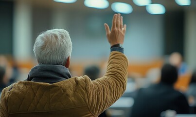 back view of an older student raising their hand to answer the teachers question during an educational training class. The image emphasizes lifelong learning and active participation, Generative AI