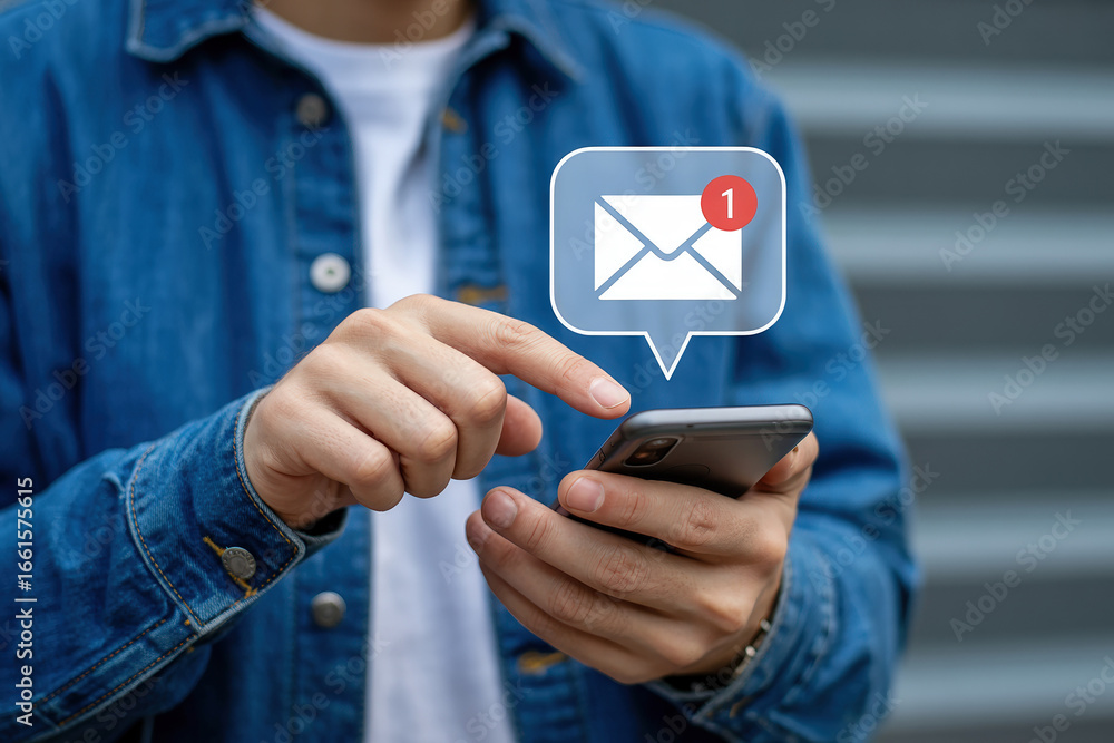 Poster checking email on smartphone with low feedback alert notification and message icon displayed against