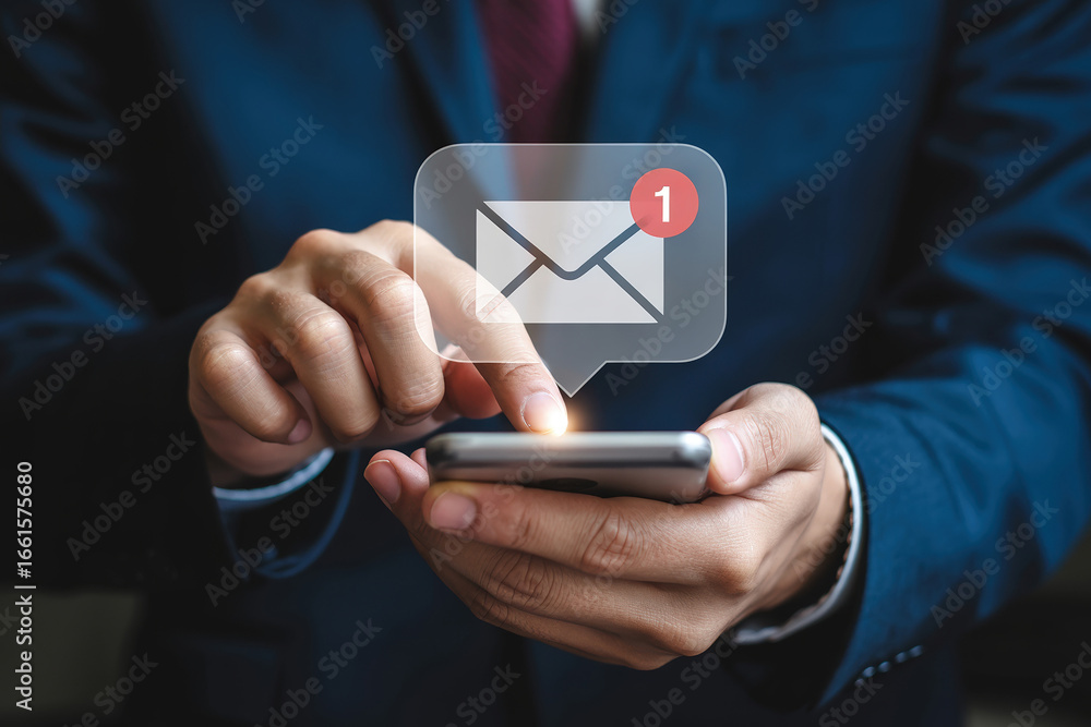 Poster checking email on smartphone with low feedback notification a modern businessman's digital communica
