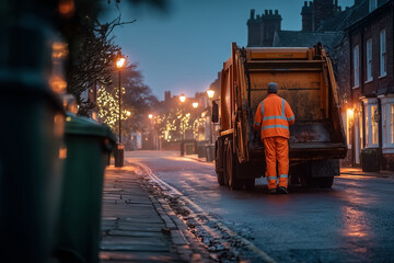 Garbage truck worker collecting waste